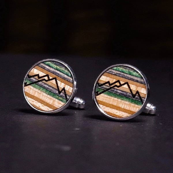 Unique and handmade Mountain cufflinks made from recycled skateboards